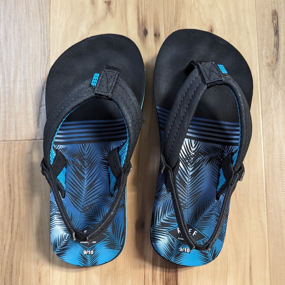 Reef Toddler Boys Size 9/10 Black Blue Tropical Flip Flops